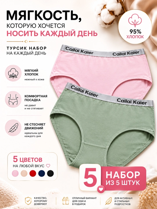 Подростковые трусики Cailai Kaier, набор 5 шт, хлопок 95%, удобные трусы для девочек