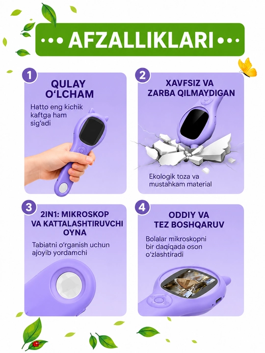 Bolalar uchun raqamli mikroskop, LED yoritgichli, sovg'a uchun
