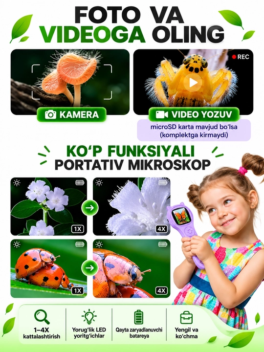 Bolalar uchun raqamli mikroskop, LED yoritgichli, sovg'a uchun