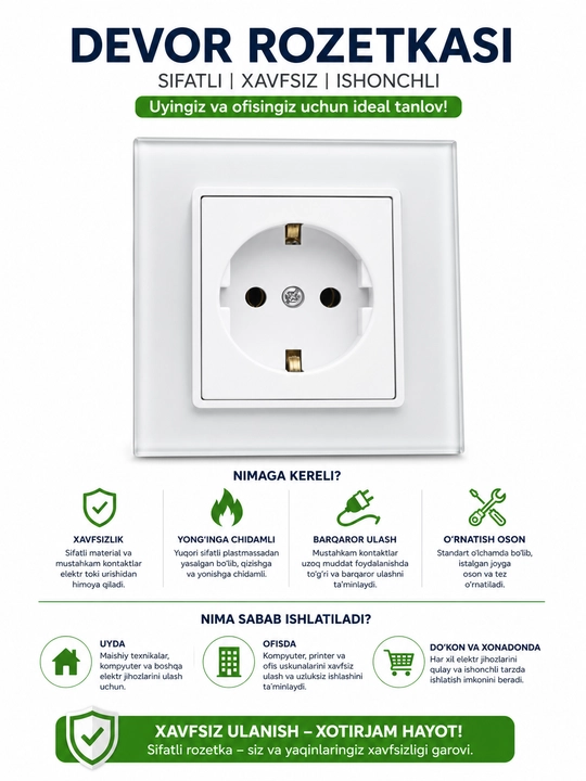 Devor uchun elektr rozetka, 220–250V, oq rang, zamonaviy dizayn
