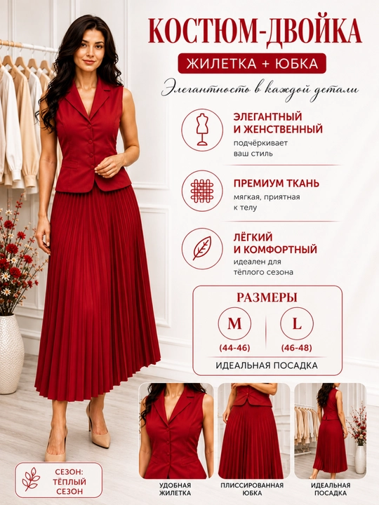 Женский костюм двойка, жилет и юбка плиссе, двойка для женщин - 