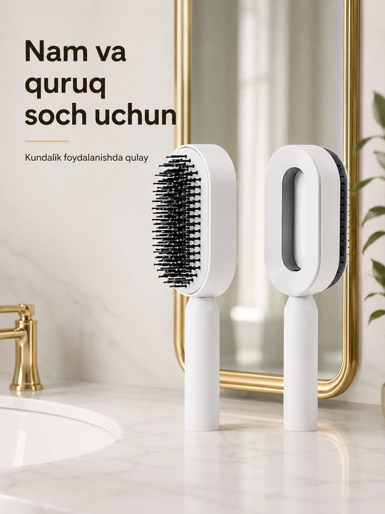 Professional soch uchun 3D taroq, o'z o'zini tozalash cho'tkasi bilan, uqalagichli