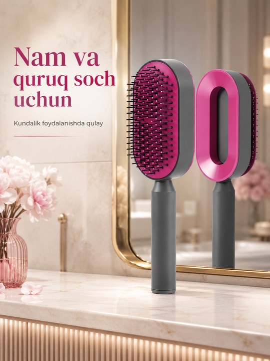 Professional soch uchun 3D taroq, o'z o'zini tozalash cho'tkasi bilan, uqalagichli
