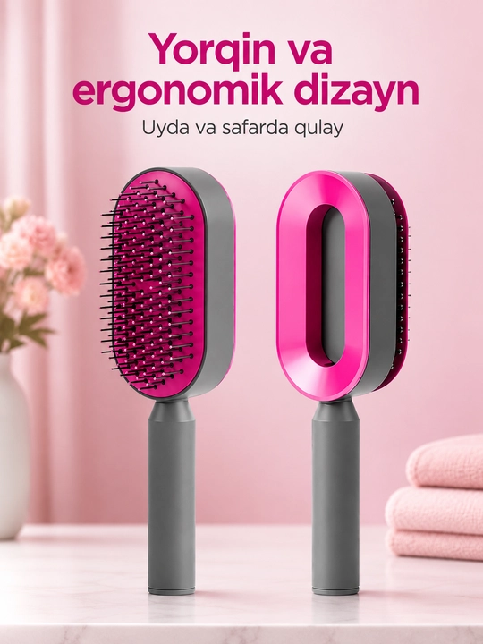 Professional soch uchun 3D taroq, o'z o'zini tozalash cho'tkasi bilan, uqalagichli