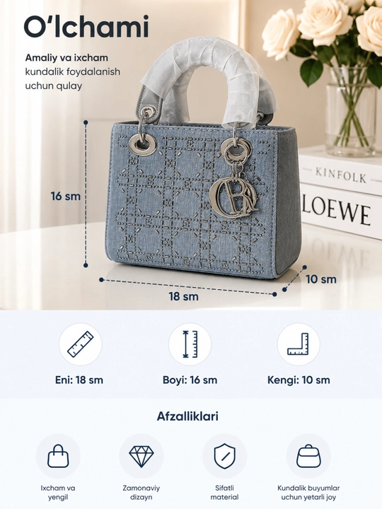 Havorang ixcham qo‘l sumkasi, bezakli naqshli, 18×16×10 sm, kundalik model Ayollar uchun