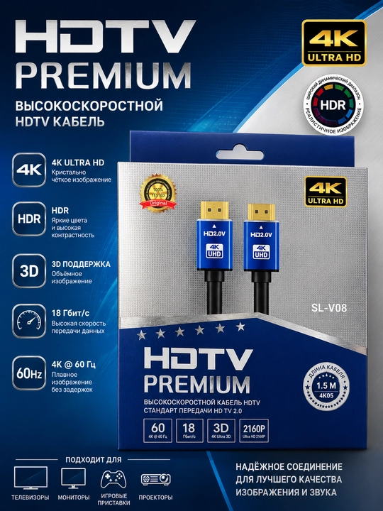 HDMI кабель Premium 4K, 1.5метр 60Hz - 