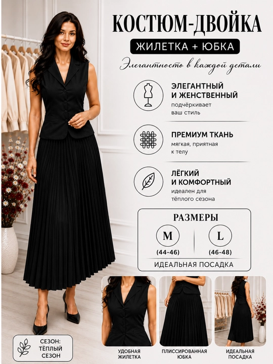 Женский костюм двойка, жилет и юбка плиссе, двойка для женщин - 