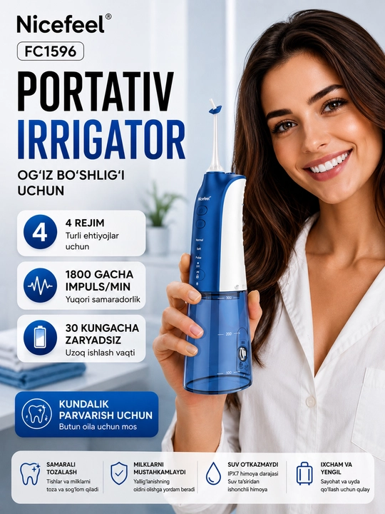 Og‘iz bo‘shlig‘i va tishlarni tozalash uchun Nicefeel portativ irrigatori