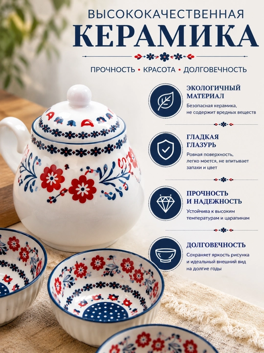 Керамический чайный сервиз, 9 предметов, чайник и пиалы с восточным узором, подарок