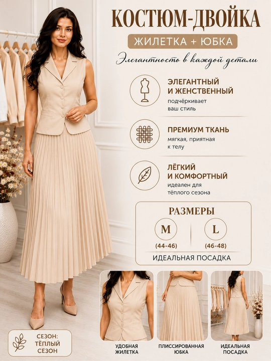 Женский костюм двойка, жилет и юбка плиссе, двойка для женщин - 
