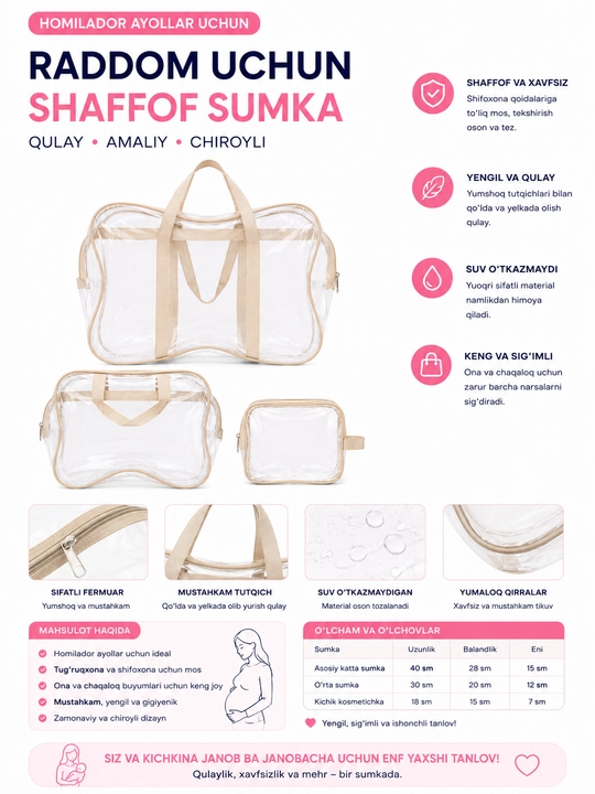 Raddom sumkasi 3 ta to‘plam shaffof tug‘ruqxona sumkasi homiladorlar uchun PVC