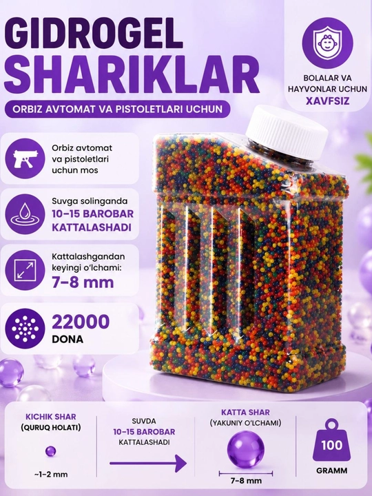 Orbiz o'qlari, suvda kattalashadigan gidrogel sharchalar, 7-8 mm - 