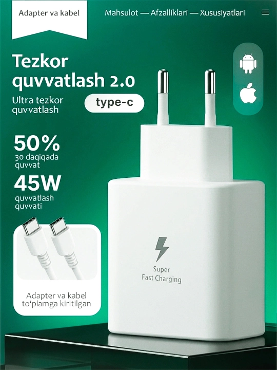 Samsung 45W PD adapteri - kuchli va xavfsiz quvvatlash qurilmasi
