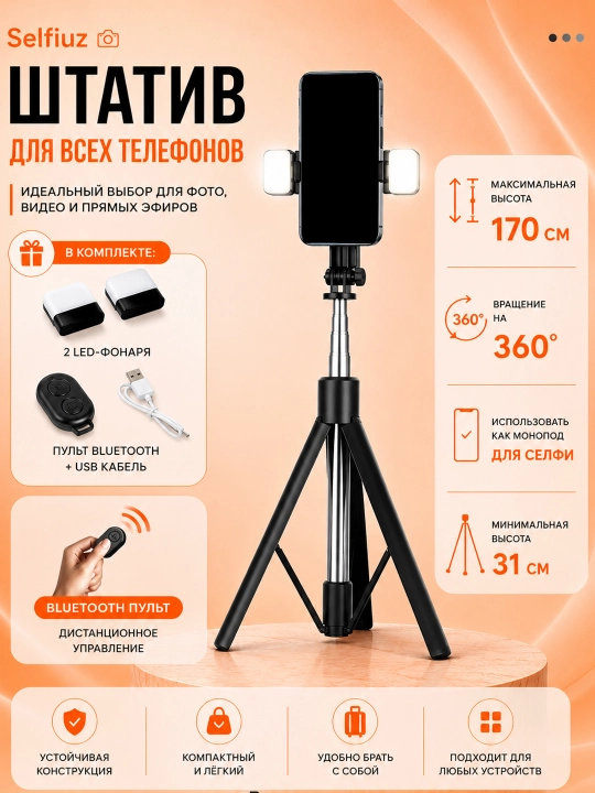 Штатив для телефона, 170 см, 4 в 1, 2 LED фонаря и Bluetooth: монопод, селфи-палка - 