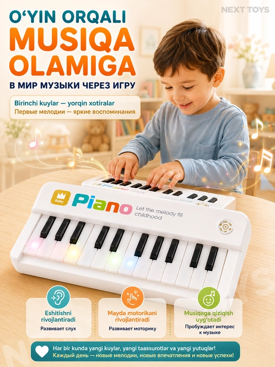 Детское музыкальное пианино Baby Piano, 3 размера, световые и музыкальные эффекты
