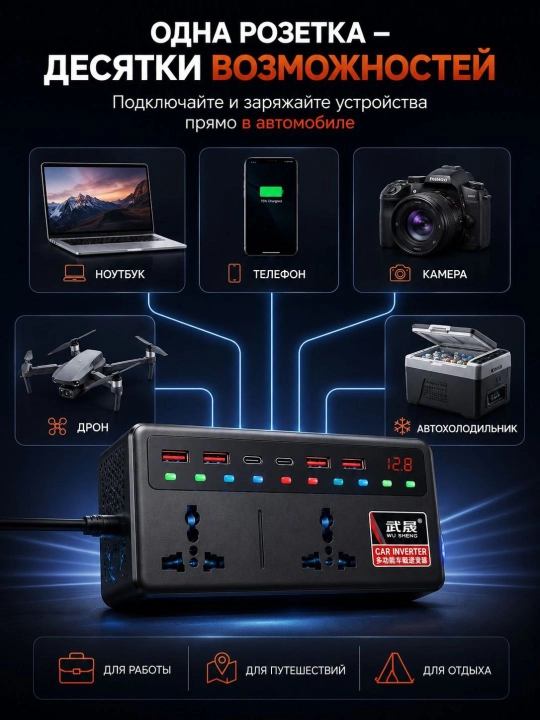 150W avtomobil invertori, avtomobil uchun 220V rozetka, zaryadlash qurilmasi
