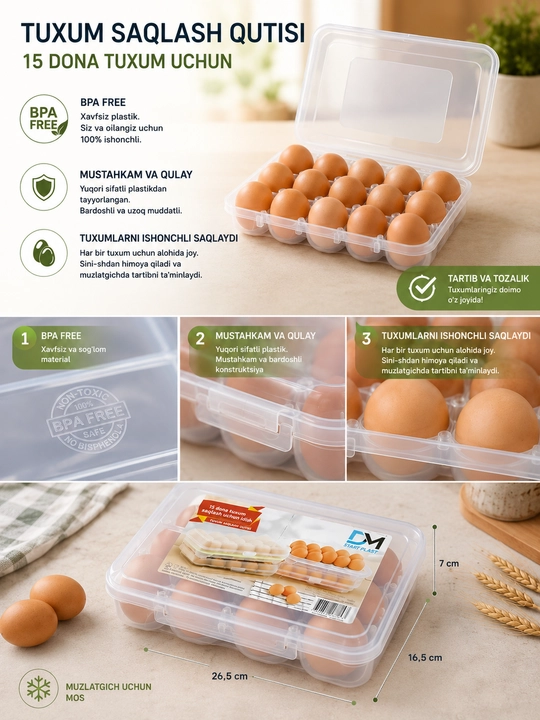 Контейнер для яиц на 15 шт, BPA Free, лоток для хранения яиц в холодильнике