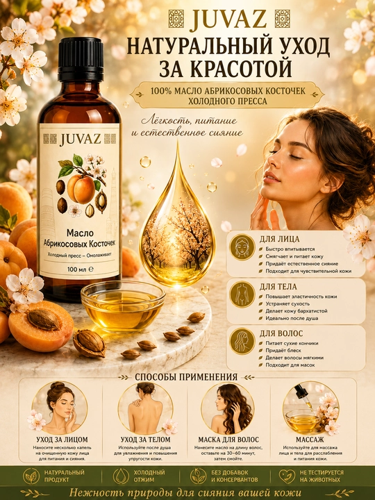 Масло абрикосовых косточек JUVAZ, холодный отжим, для ухода за кожей и волосами, 100 мл - 