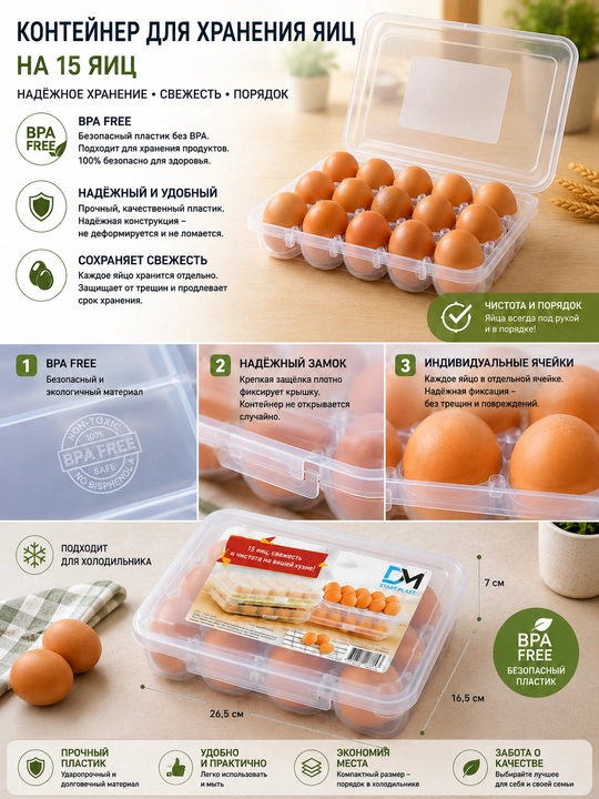 Контейнер для яиц на 15 шт, BPA Free, лоток для хранения яиц в холодильнике