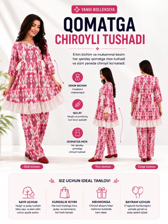Ayollar kostyumi liyon matoli 2 qismli ko'ylak va shim oversize yozgi erkin fason - 