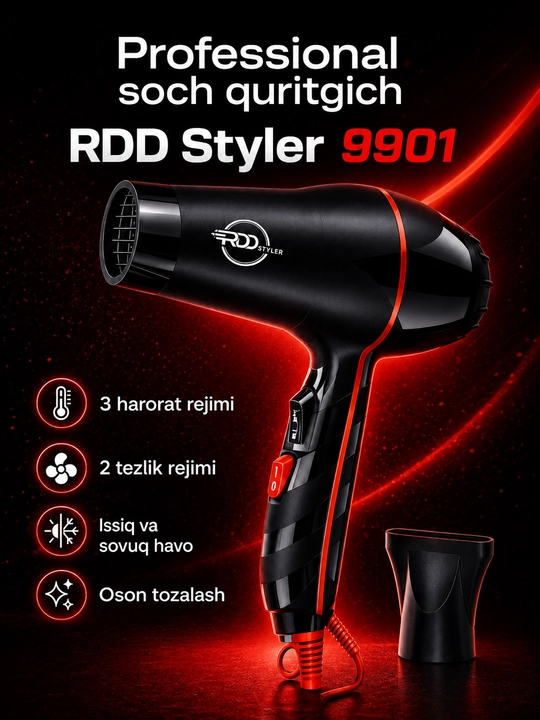 RDD Styler 9901 professional soch quritgich fen, 3 harorat, 2 tezlik, nasadkali