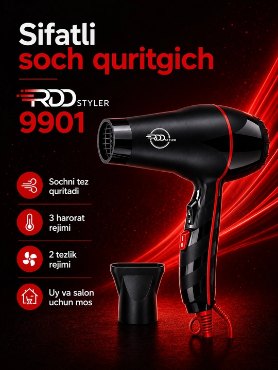 RDD Styler 9901 professional soch quritgich fen, 3 harorat, 2 tezlik, nasadkali