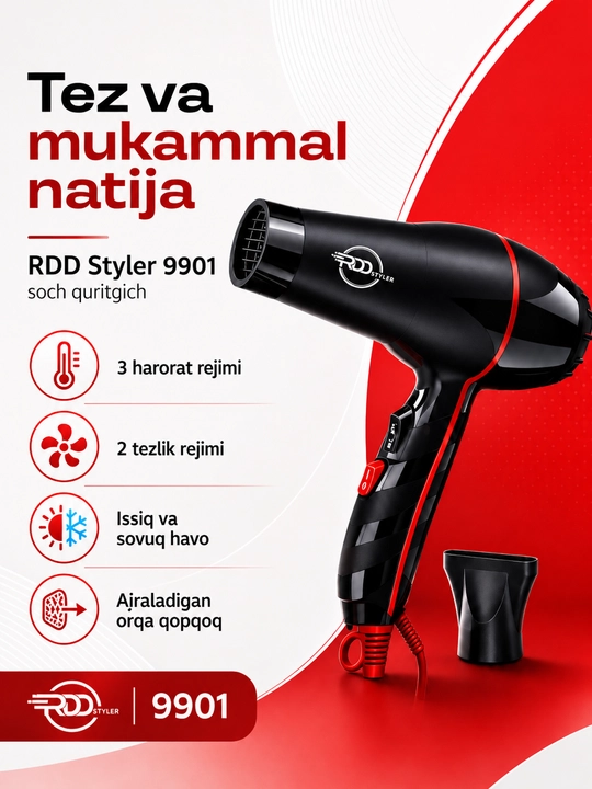 RDD Styler 9901 professional soch quritgich fen, 3 harorat, 2 tezlik, nasadkali - 