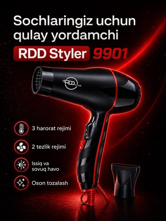 RDD Styler 9901 professional soch quritgich fen, 3 harorat, 2 tezlik, nasadkali
