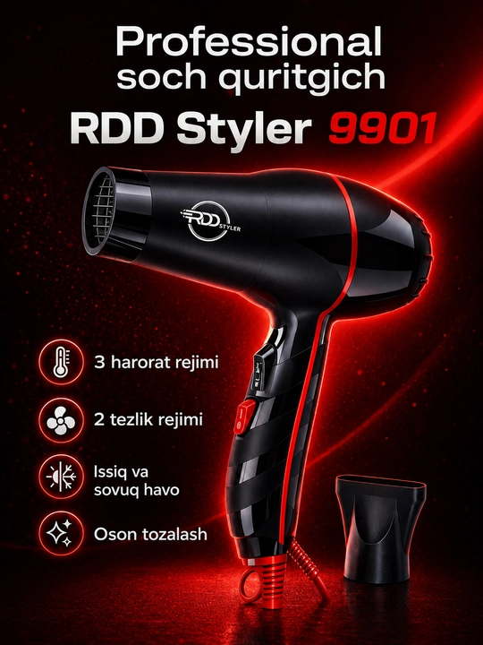 RDD Styler 9901 professional soch quritgich fen, 3 harorat, 2 tezlik, nasadkali