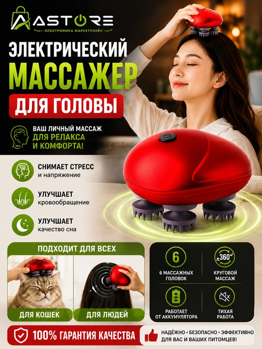 Массажер для головы с 4 массажными головками, беспроводной USB, для людей и кошек