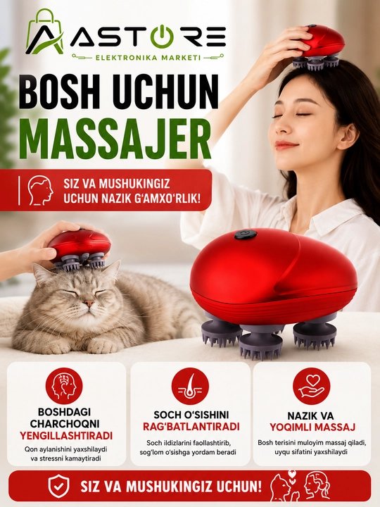 Массажер для головы с 4 массажными головками, беспроводной USB, для людей и кошек