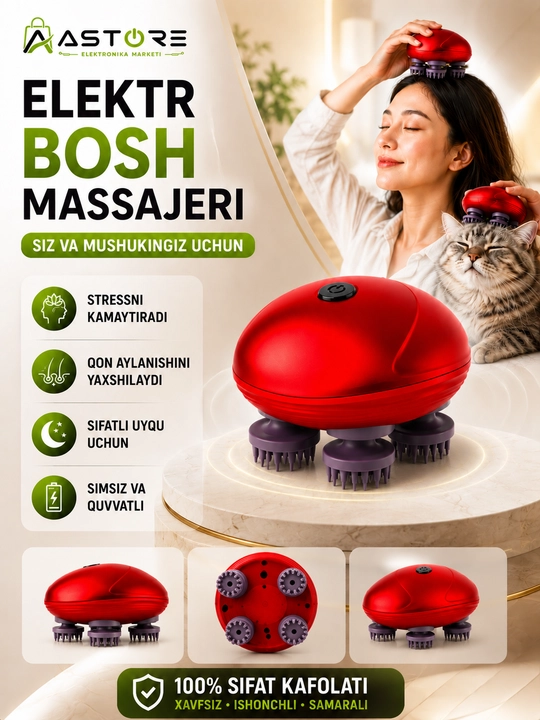 Odamlar va mushuklar uchun 4 ta massaj kallakli, simsiz USB bosh massaj moslamasi - 