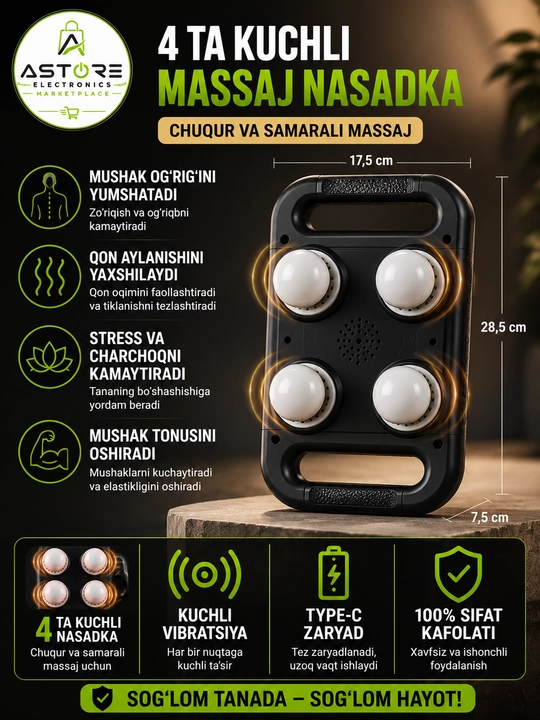 4 Boshli Elektr Massajeri – chuqur mushak massaji uchun, Type-C Zaryadli
