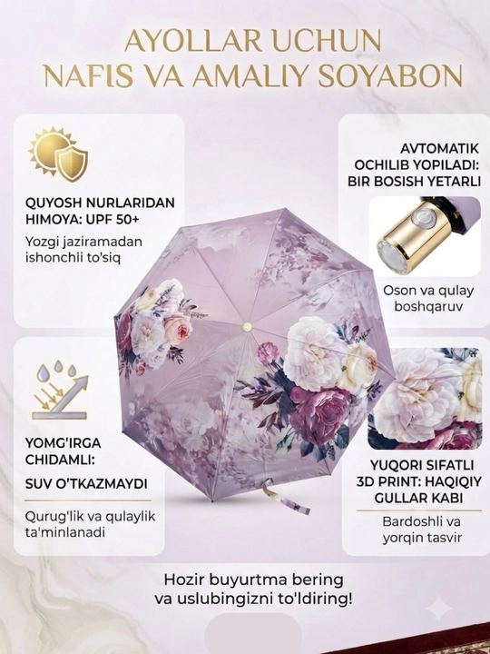 Ayollar uchun avtomatik quyoshdan himoya qiluvchi zontik – 3D gulli print, buklanadigan
