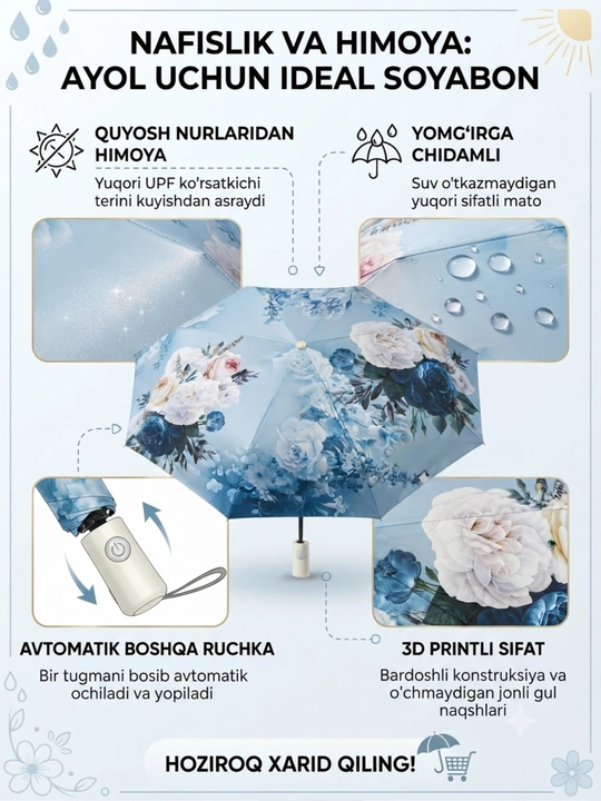 Ayollar uchun avtomatik quyoshdan himoya qiluvchi zontik – 3D gulli print, buklanadigan