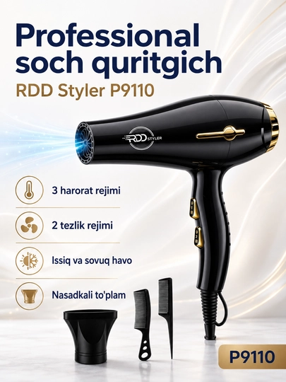 RDD Styler P9110 professional soch quritgich fen, 3 harorat, 2 tezlik, nasadkali - 