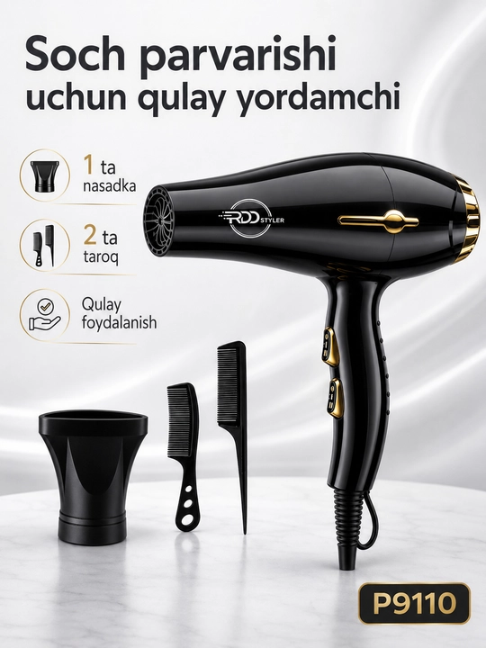 RDD Styler P9110 professional soch quritgich fen, 3 harorat, 2 tezlik, nasadkali