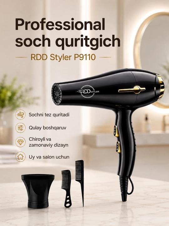 RDD Styler P9110 professional soch quritgich fen, 3 harorat, 2 tezlik, nasadkali