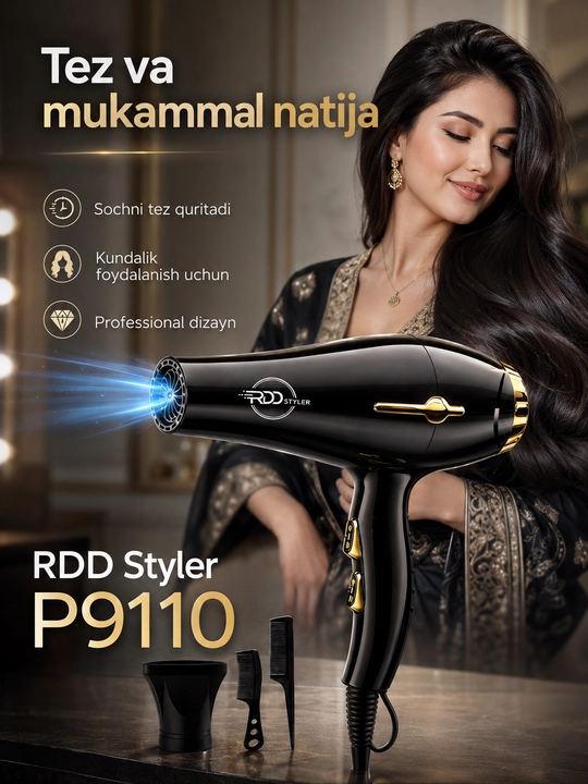 RDD Styler P9110 professional soch quritgich fen, 3 harorat, 2 tezlik, nasadkali