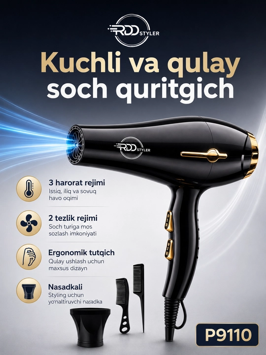 RDD Styler P9110 professional soch quritgich fen, 3 harorat, 2 tezlik, nasadkali
