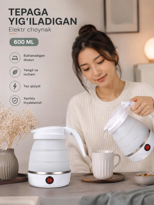Buklanadigan ixcham Elektr choynak, 600 ml — sayohat, ofis va uy uchun ideal yechim
