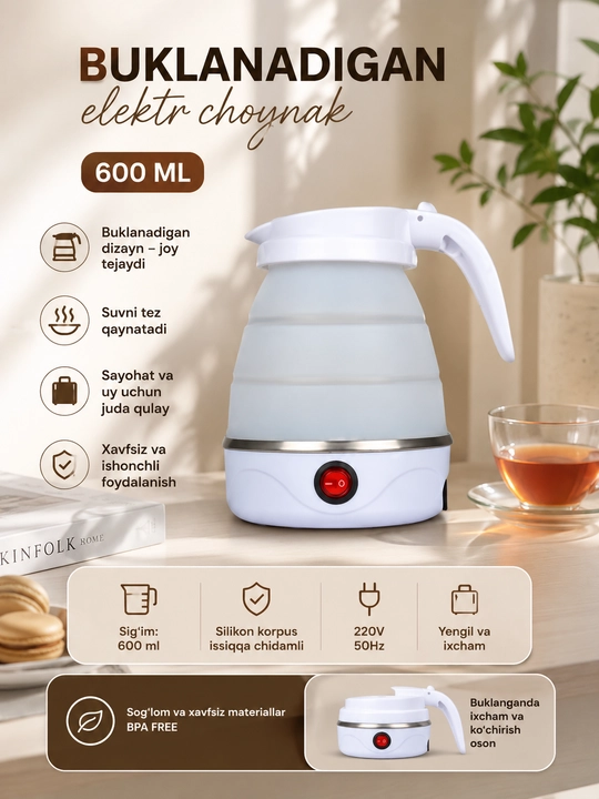 Buklanadigan ixcham Elektr choynak, 600 ml — sayohat, ofis va uy uchun ideal yechim
