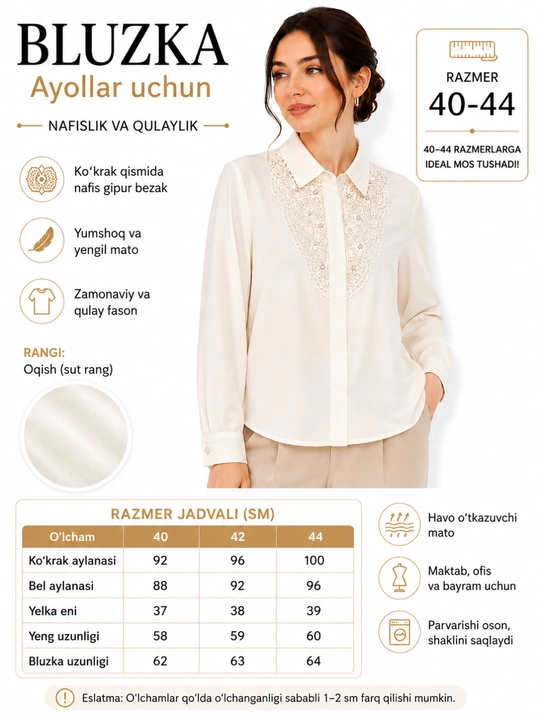 Ayollar bluzkasi, oqish, uzun yengli, gipurli, maktab va ofis uchun,40–44 razmerga tushadi