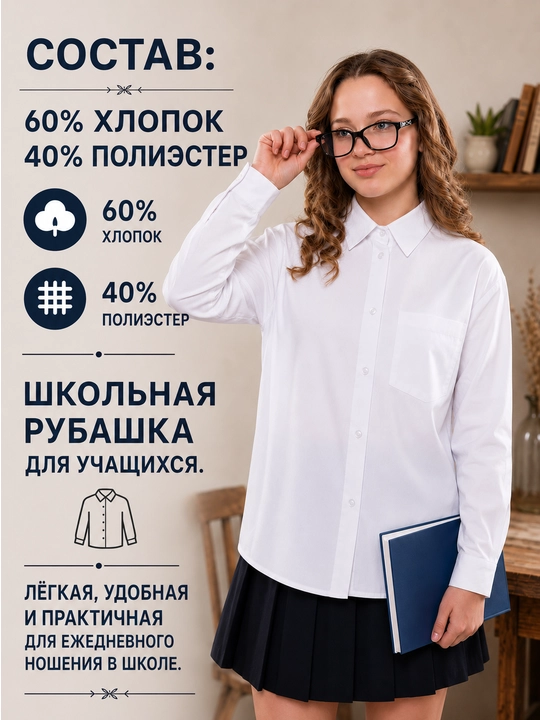 Для девочек белая рубашка оверсайз — Стильная хлопковая блузка с нагрудным карманом