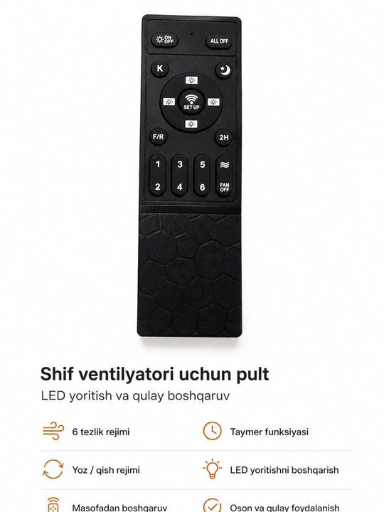 Shift ventilyatori 3 qanotli LED chiroqli, pultli, 6 tezlikli, qora