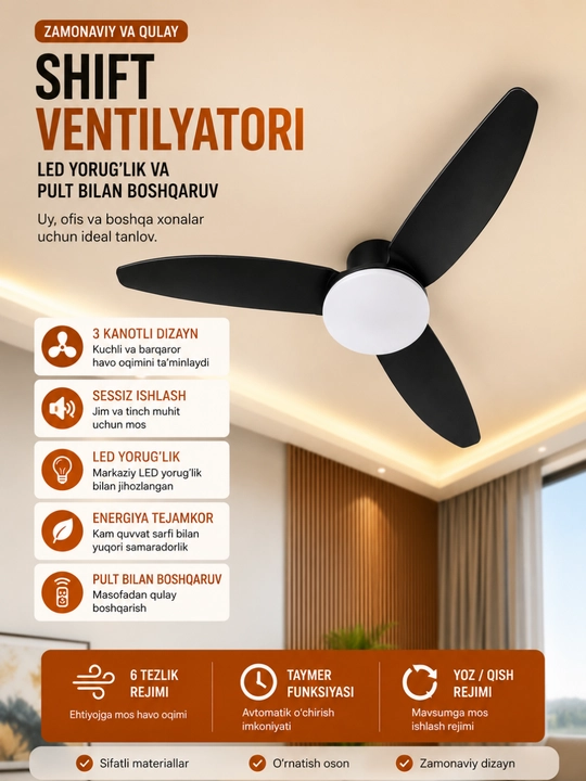 Shift ventilyatori 3 qanotli LED chiroqli, pultli, 6 tezlikli, qora