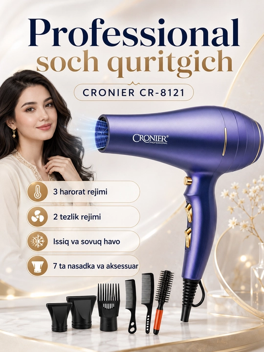 CRONIER CR-8121 professional soch quritgich fen, 3 harorat, 2 tezlik, 7 in 1 - 