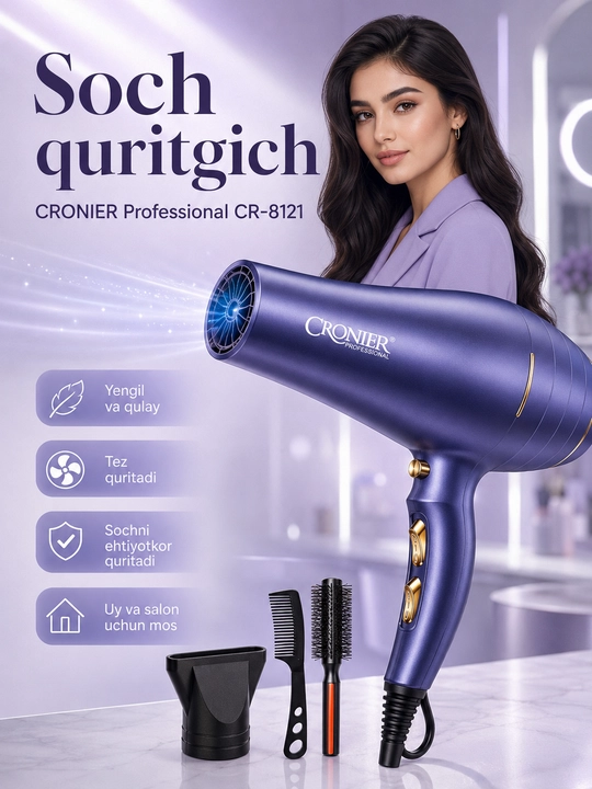 CRONIER CR-8121 professional soch quritgich fen, 3 harorat, 2 tezlik, 7 in 1