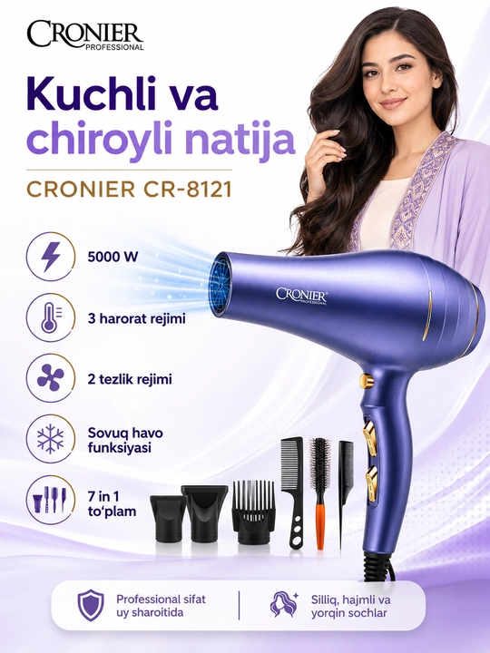 CRONIER CR-8121 professional soch quritgich fen, 3 harorat, 2 tezlik, 7 in 1