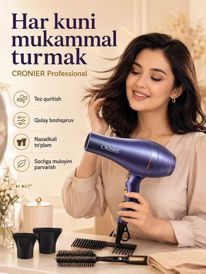 CRONIER CR-8121 professional soch quritgich fen, 3 harorat, 2 tezlik, 7 in 1